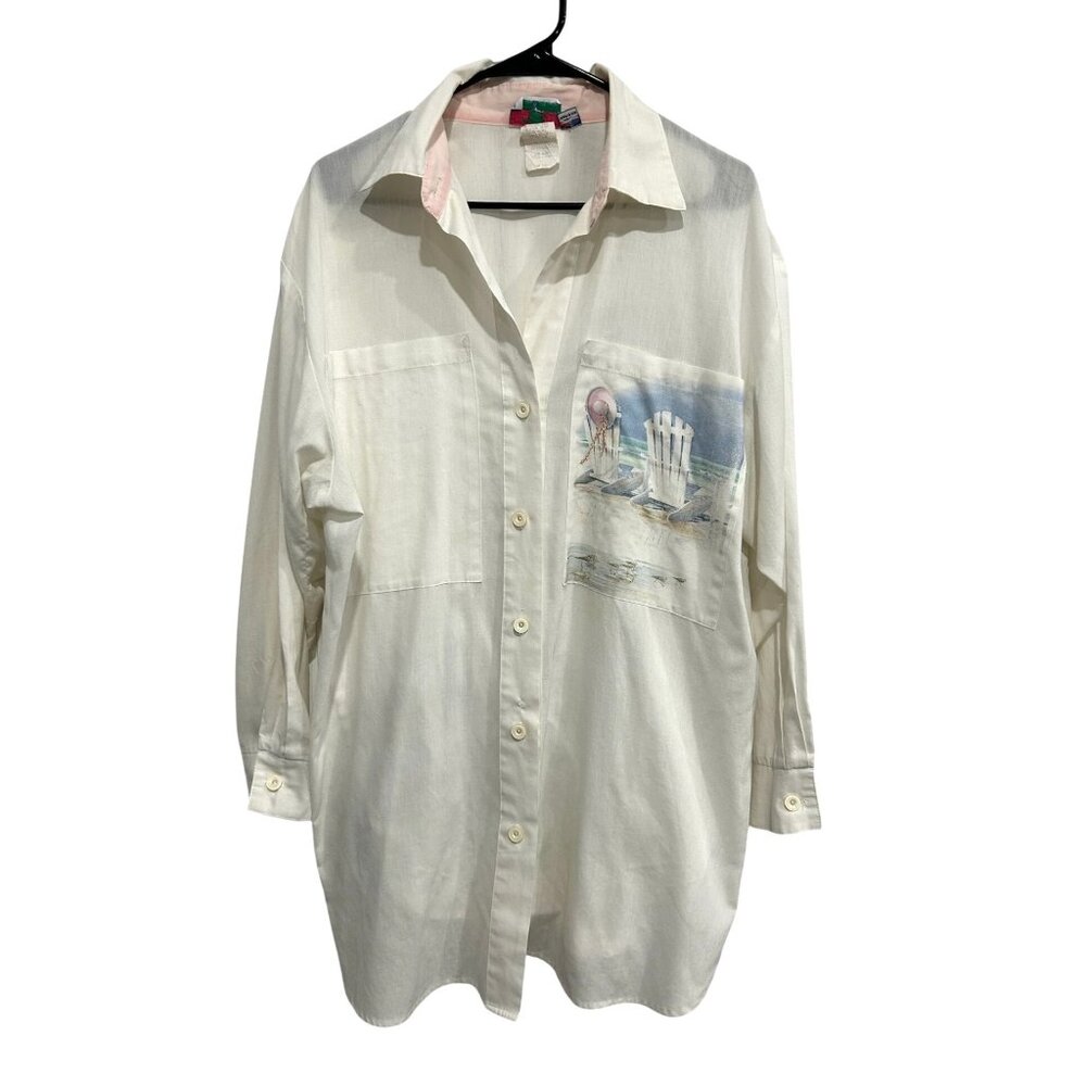 Vintage Tiger Lily Beach Scene Button-Down Womens Shirt Cream White Pink Collar